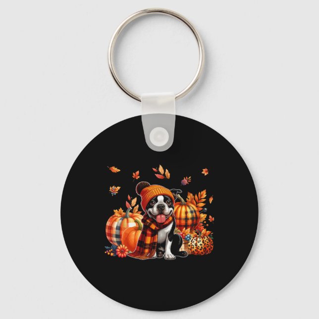 Boston Terrier Thanksgiving Leopard Pumpkins Fall Nyckelring (Framsida)