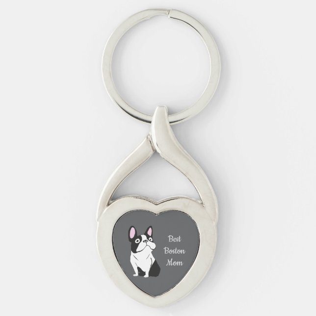 Boston terrier twisted heart silverfärgad nyckelring (Framsidan)