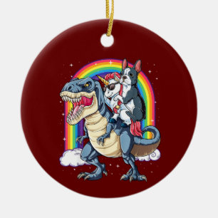 Boston Terrier Unicorn Riding Dinosauer Julgransprydnad Keramik