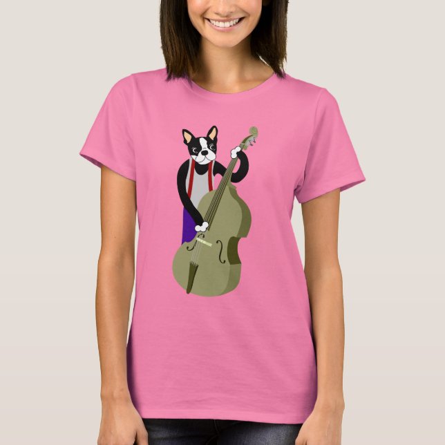Boston Terrier Upright Bass Player T Shirt (Framsida)