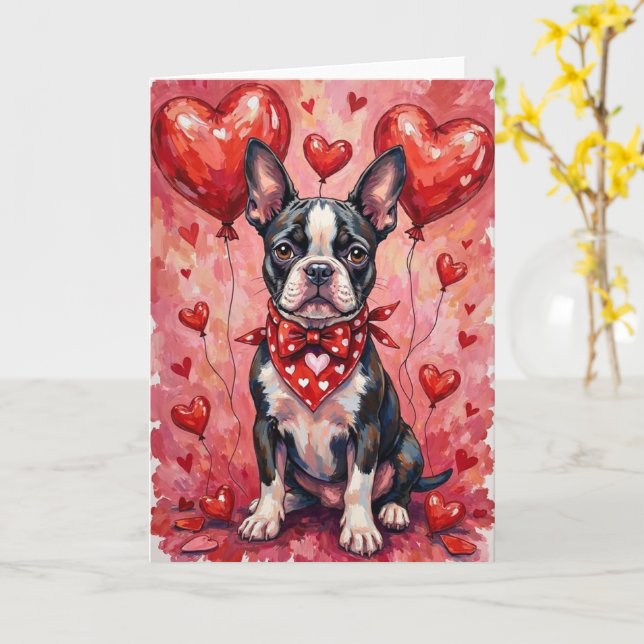 Boston Terrier Valentine’s Day Dog with Hearts Red Kort (Gul blomma)