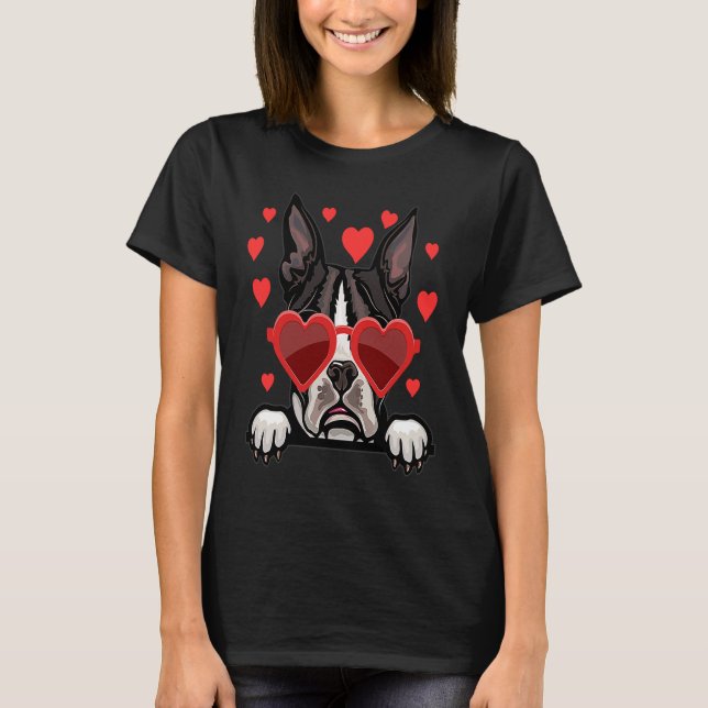 Boston Terrier valentines day Heart Couples Dog T Shirt (Framsida)