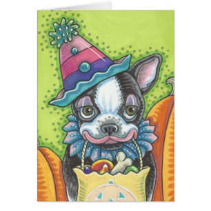 BOSTON TERRIER VALP, HALLOWEEN CLOWN HUND Blank OBS Kort