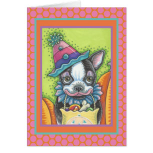BOSTON TERRIER VALP, HALLOWEEN CLOWN HUND CARD Ver Hälsningskort