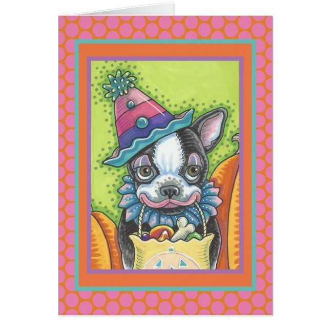 BOSTON TERRIER VALP, HALLOWEEN CLOWN HUND CARD Ver Hälsningskort (Framsidan)