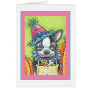 BOSTON TERRIER VALP, HALLOWEEN CLOWN HUND CARD Ver OBS Kort