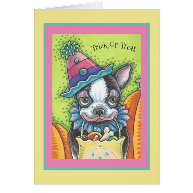 BOSTON TERRIER VALP, HALLOWEEN CLOWN HUND CARD Ver OBS Kort (Framsidan)