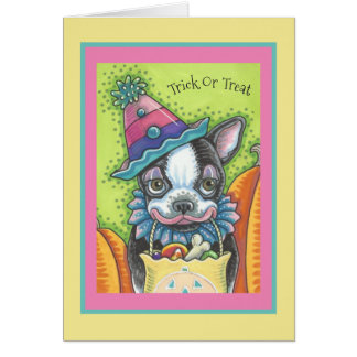 BOSTON TERRIER VALP, HALLOWEEN CLOWN HUND CARD Ver OBS Kort