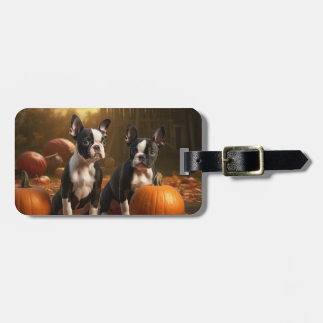 Boston Terrier Valp Höstglädje Pumpa Bagagebricka (Horisontell Framsida)