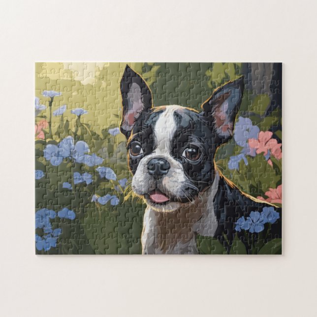 Boston Terrier Valp i Flower Fält Pussel (Horisontell)