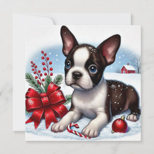 Boston Terrier Valp Med Juldekorationer Julkort