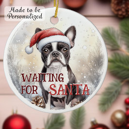Boston Terrier väntar på jultomten Julgransprydnad Keramik