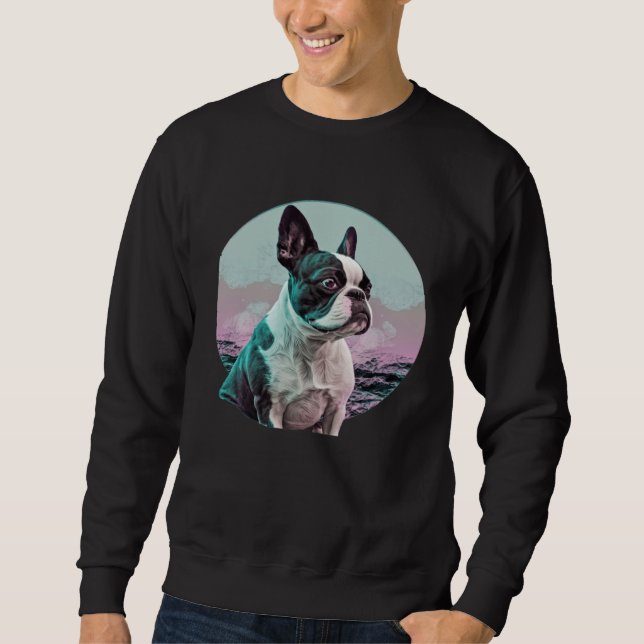 Boston Terrier Vaporwave Retrowave Estetik Lång Ärmad Tröja (Framsida)