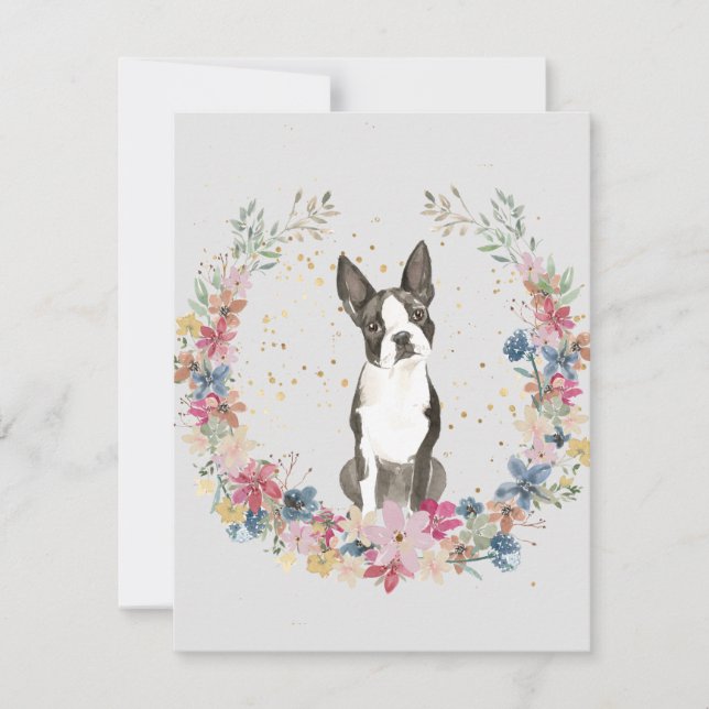 Boston Terrier Vår blommor Monogram Anteckningskort (Framsida)