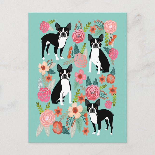 Boston Terrier Vår blommor - söt boston skräcker Vykort (Framsida)