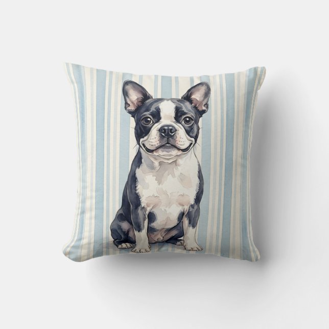 Boston Terrier Vattenfärg Kudd Kudde (Framsida)