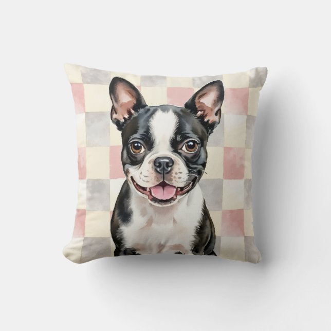 Boston Terrier Vattenfärg Schackrutemönster Konst Kudde (Framsida)