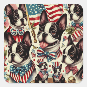 Boston Terrier Vintage Seamless Illustration Fyrkantigt Klistermärke