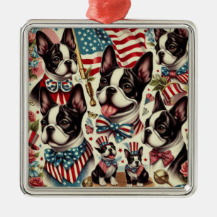 Boston Terrier Vintage Seamless Illustration Julgransprydnad Metall