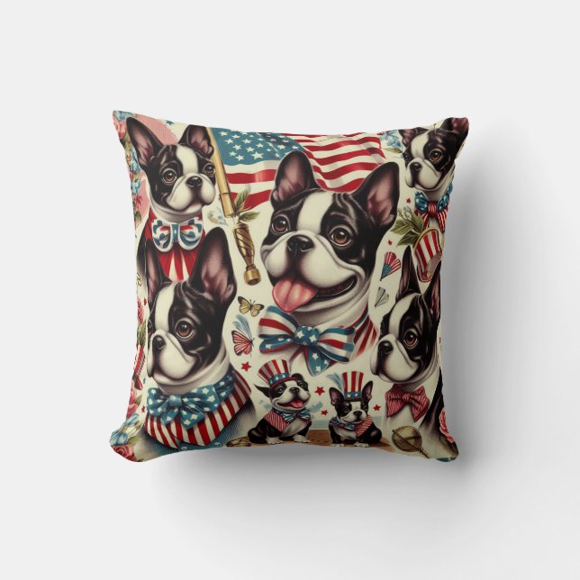 Boston Terrier Vintage Seamless Illustration Kudde (Framsida)