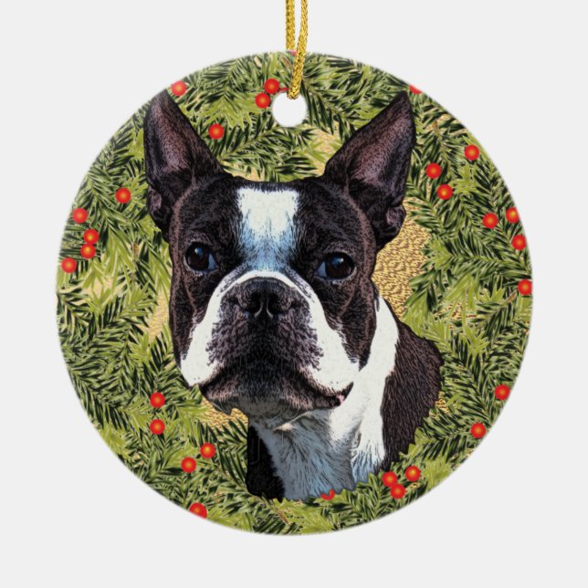 Boston Terrier Wandan Julgransprydnad Keramik (Framsidan)
