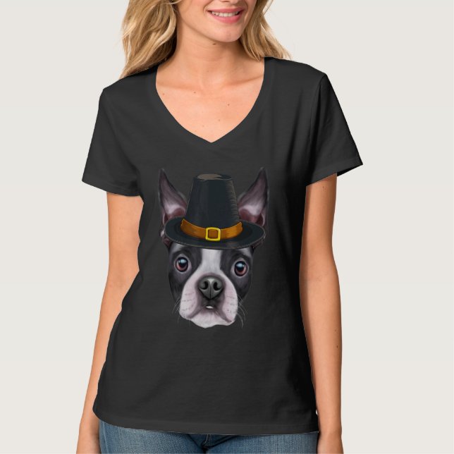 Boston Terrier Wearing Pilgrim Hat Thanksgiving T Shirt (Framsida)