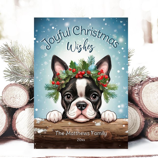 Boston Terrier Winter Wonderland Glatt jul Julkort (Adorable Winter Snowy Scene With Peeking Dogs or Farm/Woodland Animals - Over 50 to Choose From!)