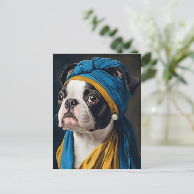 Boston Terrier With Pearl Earring Vykort (Stående Fram)