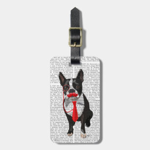 Boston Terrier With Red Tie and Mustache 2 Bagagebricka