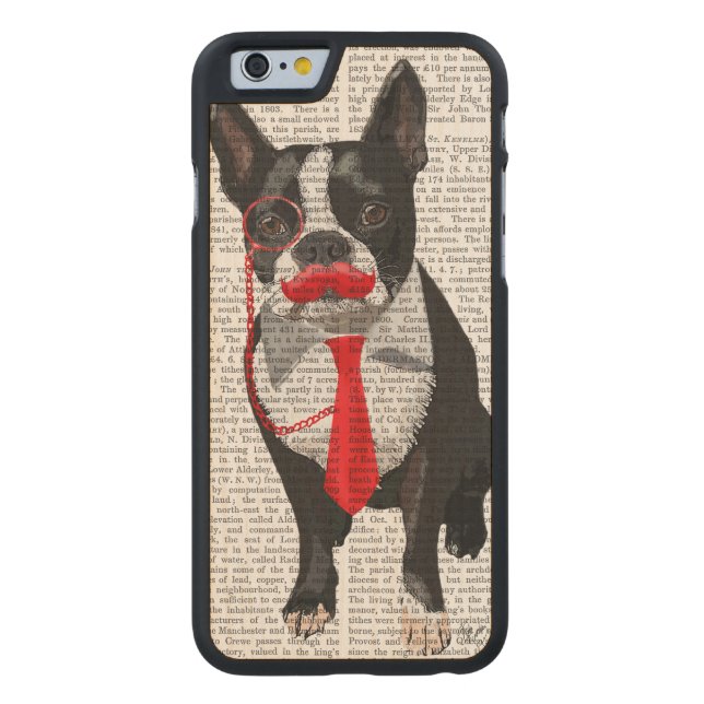 Boston Terrier With Red Tie and Mustache 2 Carved Wood iPhone Skal (Baksidan)