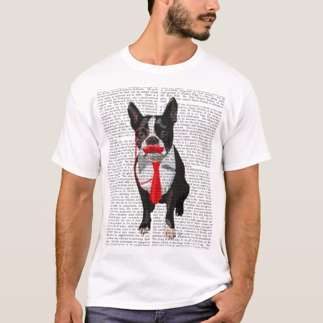 Boston Terrier With Red Tie and Mustache 2 T Shirt (Framsida)