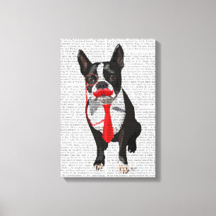 Boston Terrier With Red Tie and Mustache Canvastryck