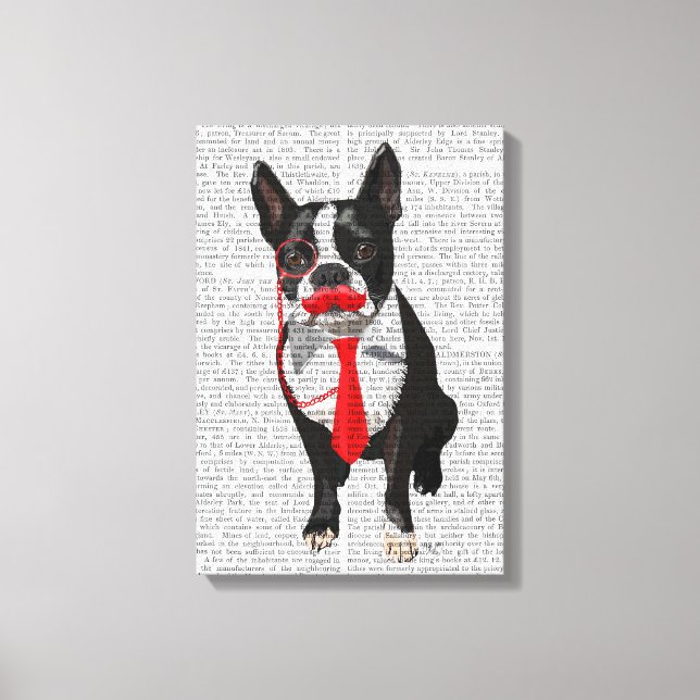Boston Terrier With Red Tie and Mustache Canvastryck (Framsida)