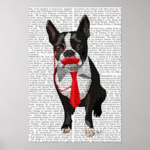 Boston Terrier With Red Tie and Mustache Poster