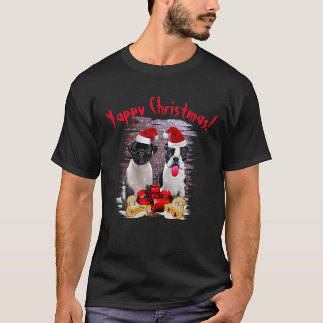 Boston Terrier Yappy jul Hund Mamma och Pappa T Shirt (Framsida)
