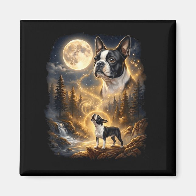 Boston terrier ylar mot månen retro  magnet (Framsidan)