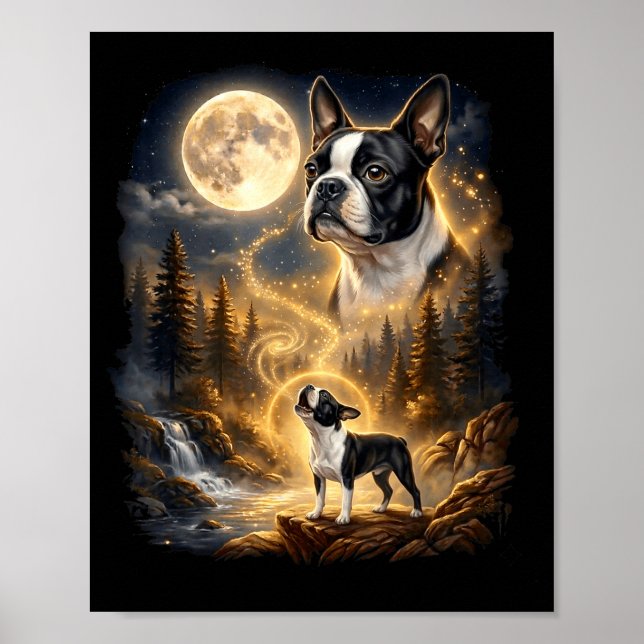 Boston terrier ylar mot månen retro  poster (Framsidan)
