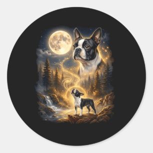 Boston Terrier Ylar Mot Månen Retro Runt Klistermärke