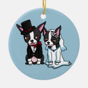 Boston Terrierbrud och brudgum Julgransprydnad Keramik
