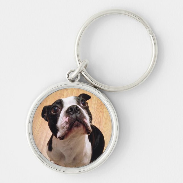 Boston Terrierhund Rund Silverfärgad Nyckelring (Framsidan)