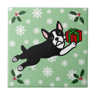 Boston Terrierjul 2 tecknadsnöflingor Kakelplatta