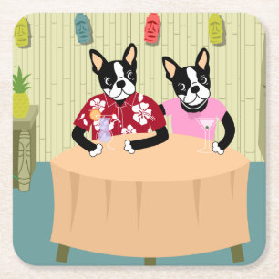 Boston Terrierpojke & flicka Underlägg Papper Kvadrat