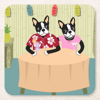 Boston Terrierpojke & flicka Underlägg Papper Kvadrat