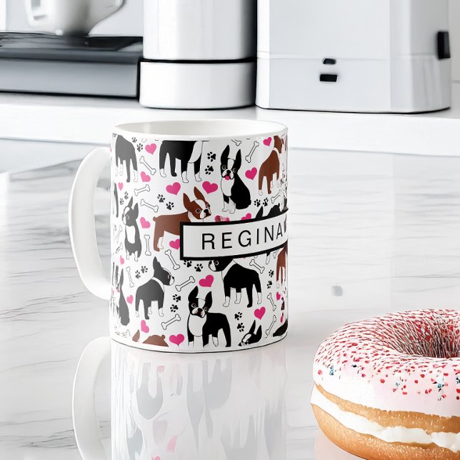 Boston Terriers and Hearts Cute Custom Name Kaffemugg (Skapare uppladdad)