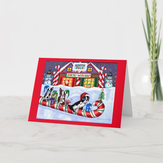 Boston Terriers Candy Cane Santa jul snöman Helgkort (Framsida)