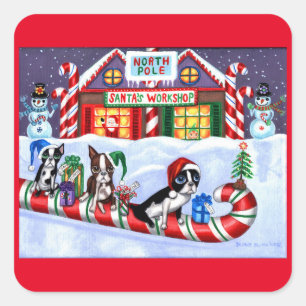 Boston Terriers Candy cane Santa Snögubbe Fyrkantigt Klistermärke