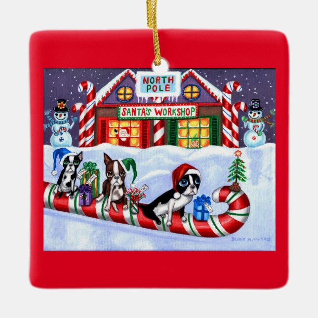 Boston Terriers Candy cane Santa Snögubbe Julgransprydnad Keramik (Framsida)