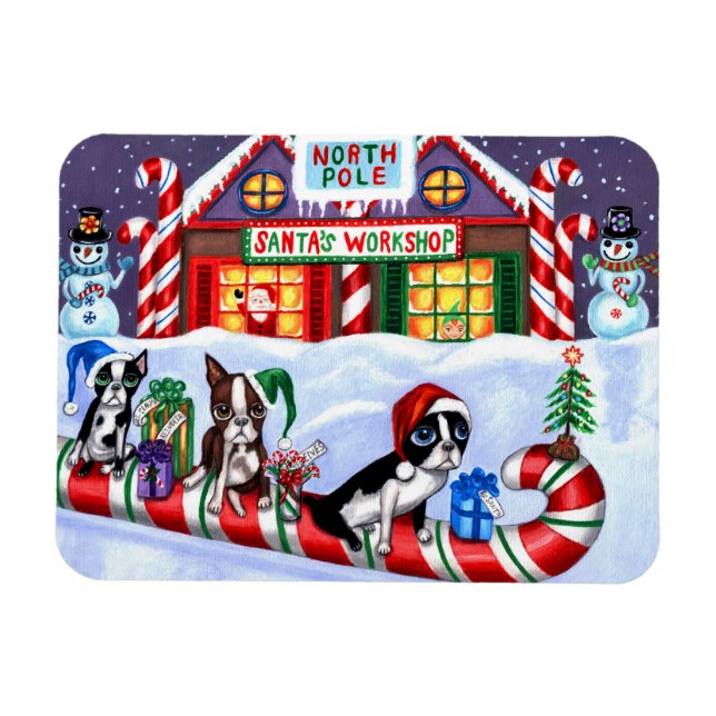 Boston Terriers Candy cane Santa Snögubbe Magnet (Horisontell)