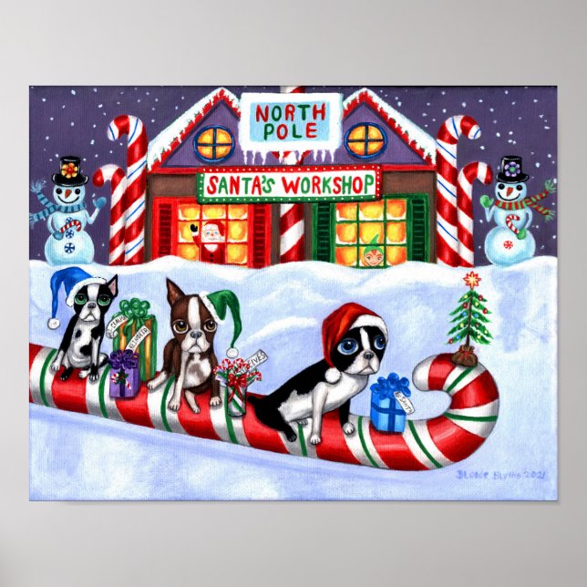 Boston Terriers Candy cane Santa Snögubbe Poster (Framsidan)