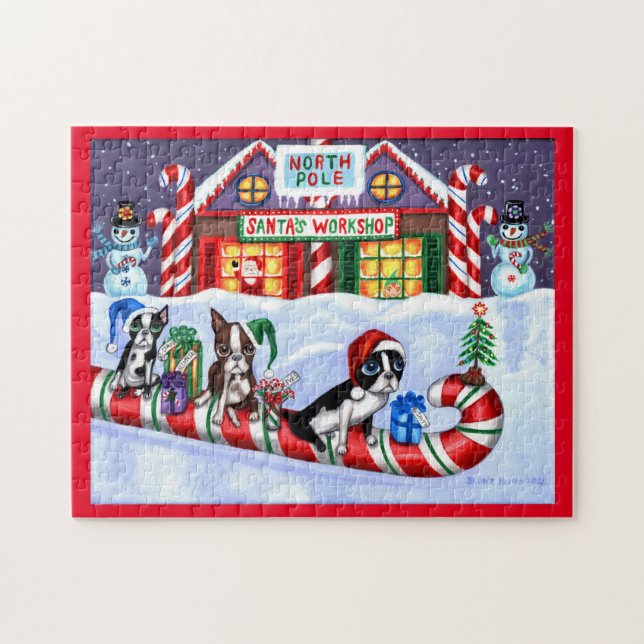 Boston Terriers Candy cane Santa Snögubbe Pussel (Horisontell)